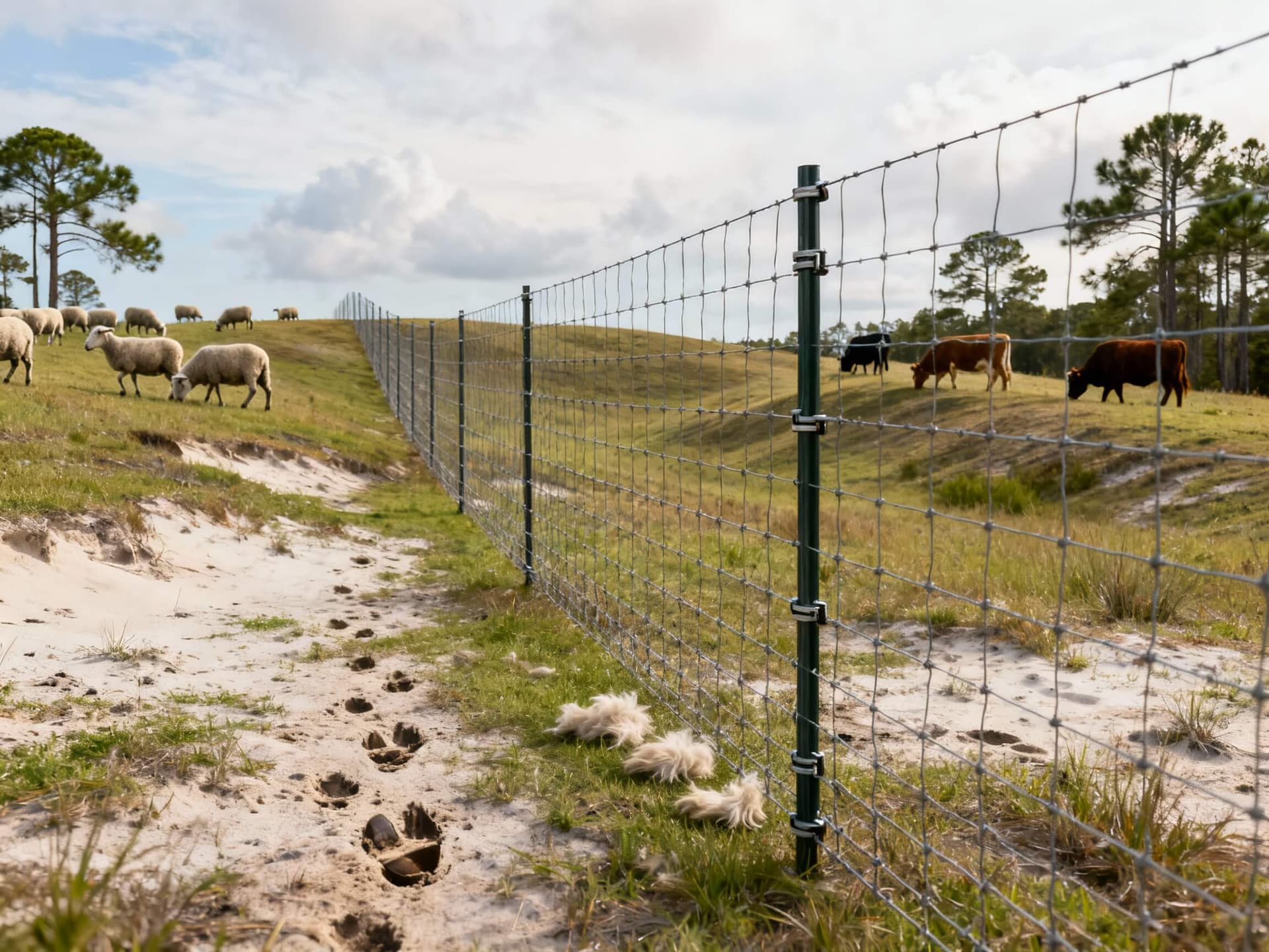 4-foot woven goat fence separating livestock on uneven pasture in Florida