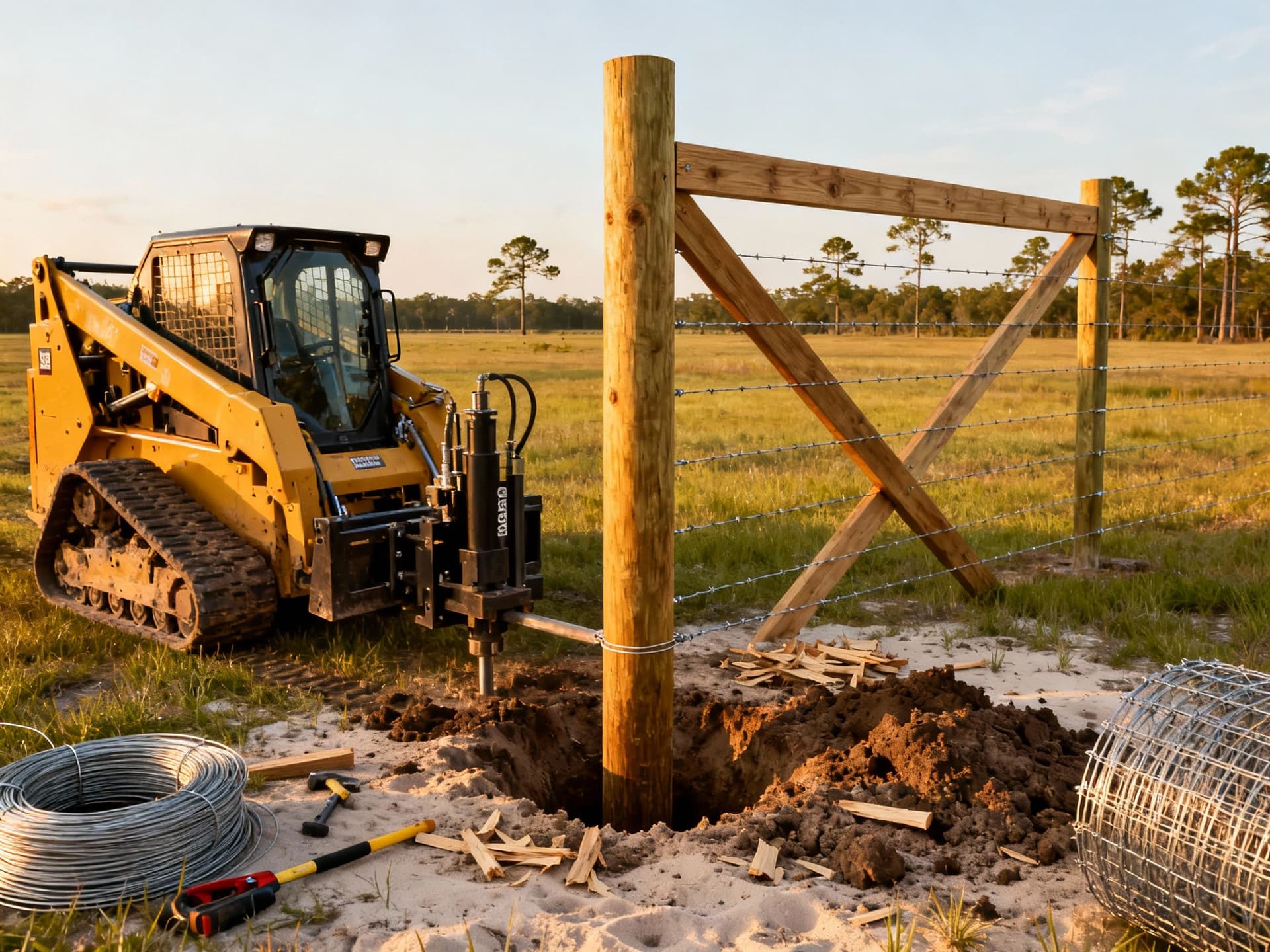 Corner H-brace installation for high-tensile livestock fence in rural Florida