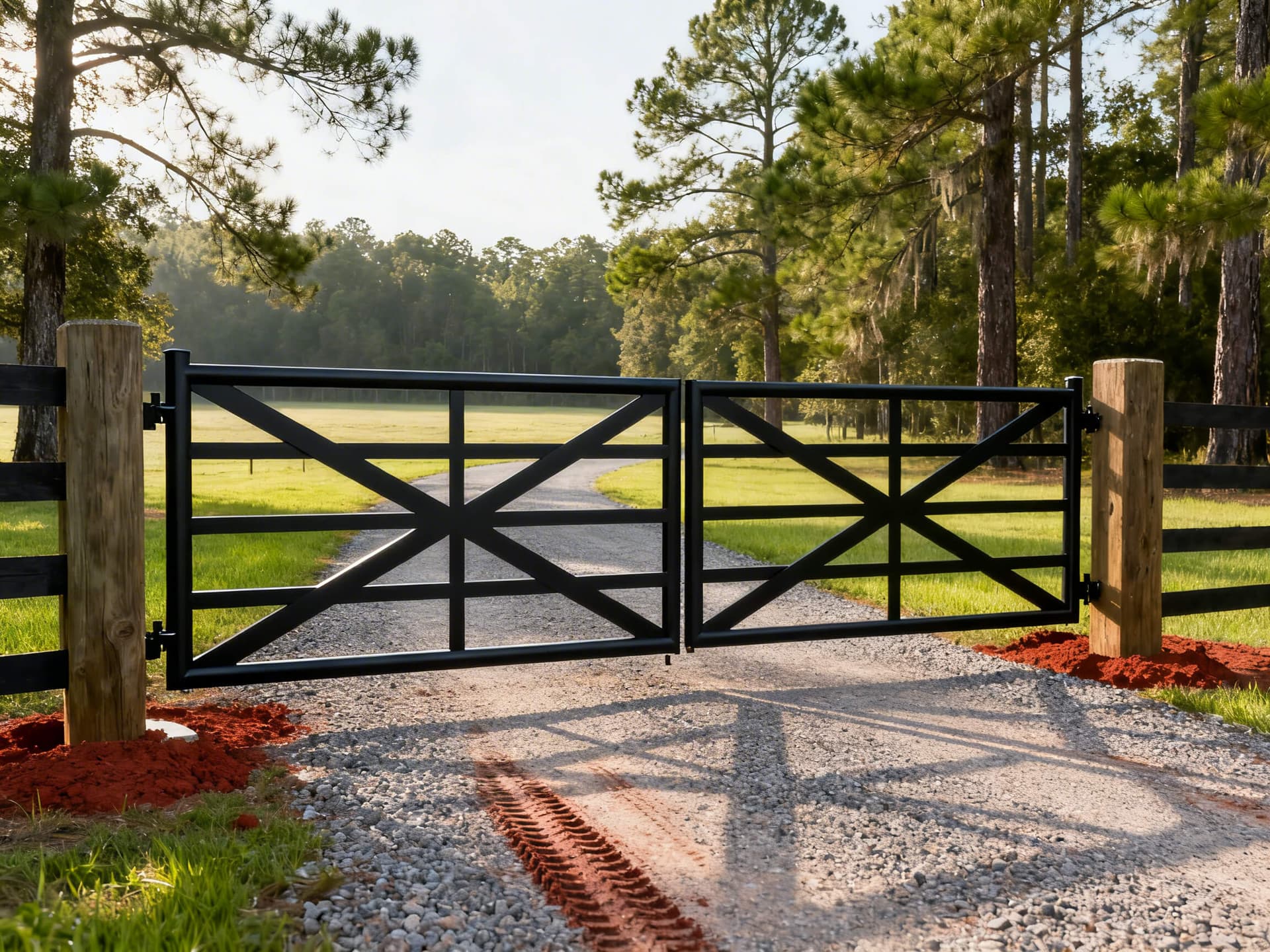 Hyper-realistic photo of a black aluminum farm driveway gate with a geometric design between wooden posts in South Georgia, showing a gravel drive, pasture, and pine trees in soft morning light.