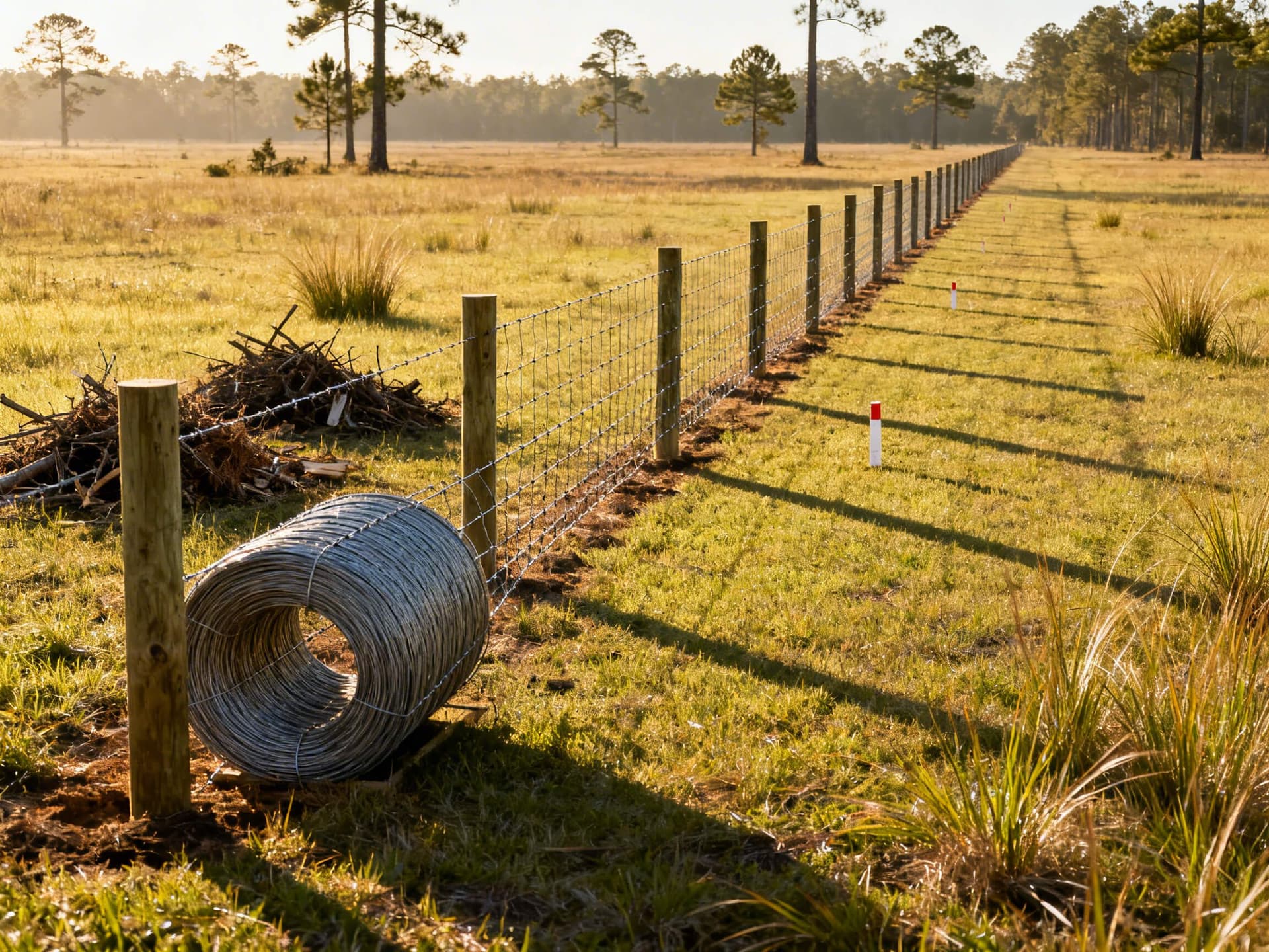 Realistic photo of a straight, newly cleared South Georgia fenceline with a 330-foot roll of Red Brand sheep fence wire installed on evenly spaced posts, early morning light, brush off to the side, and marking stakes ahead.