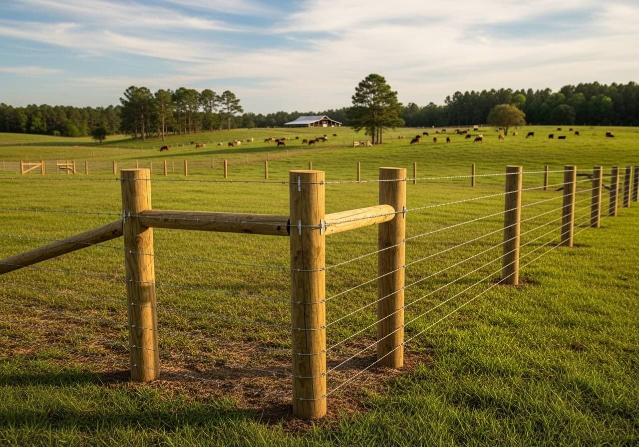 H-brace wooden livestock fence on open pasture with cows