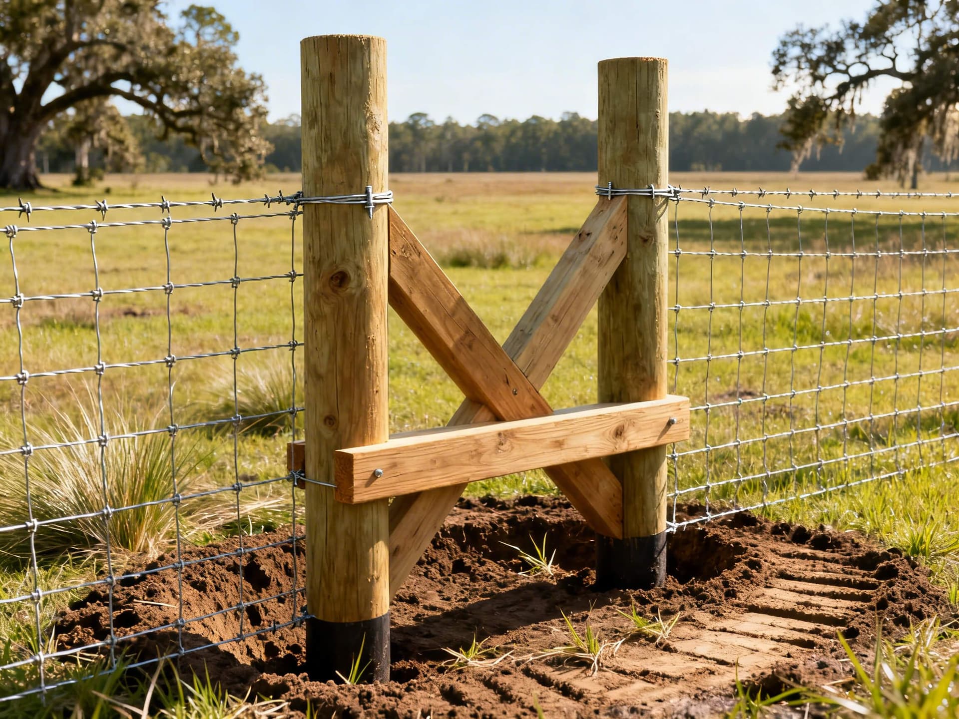 Hyper-realistic photo of a sturdy H-brace corner post for a goat fence in a grassy Bonifay, Florida pasture, showing thick wood posts, horizontal brace, and tightly-stretched wire mesh under clear morning light.