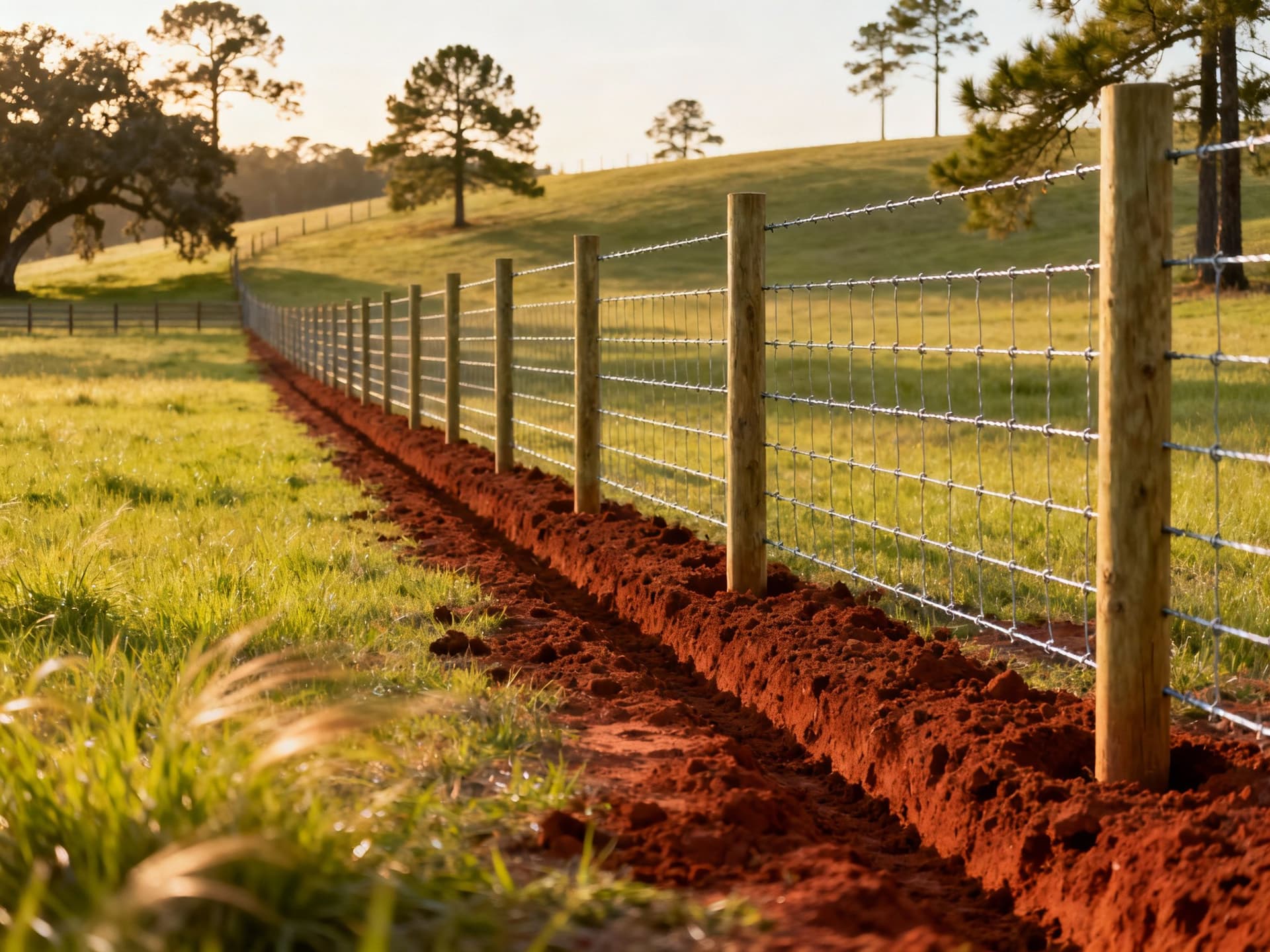 High-tensile livestock fence installed in sandy soil pasture