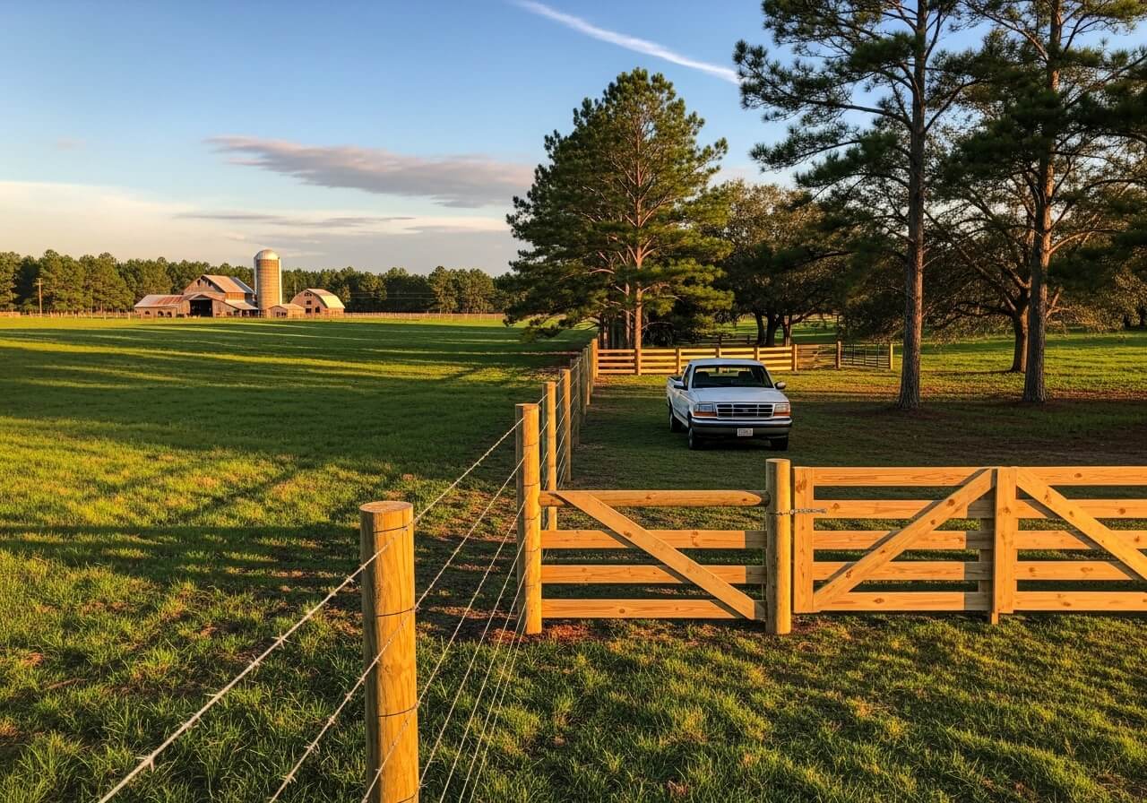 Strong H-brace corner fence near farm and pickup truck