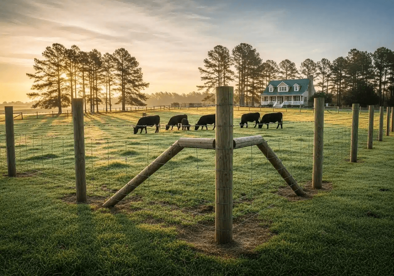 Completed high tensile fence with sturdy wooden H-braces.