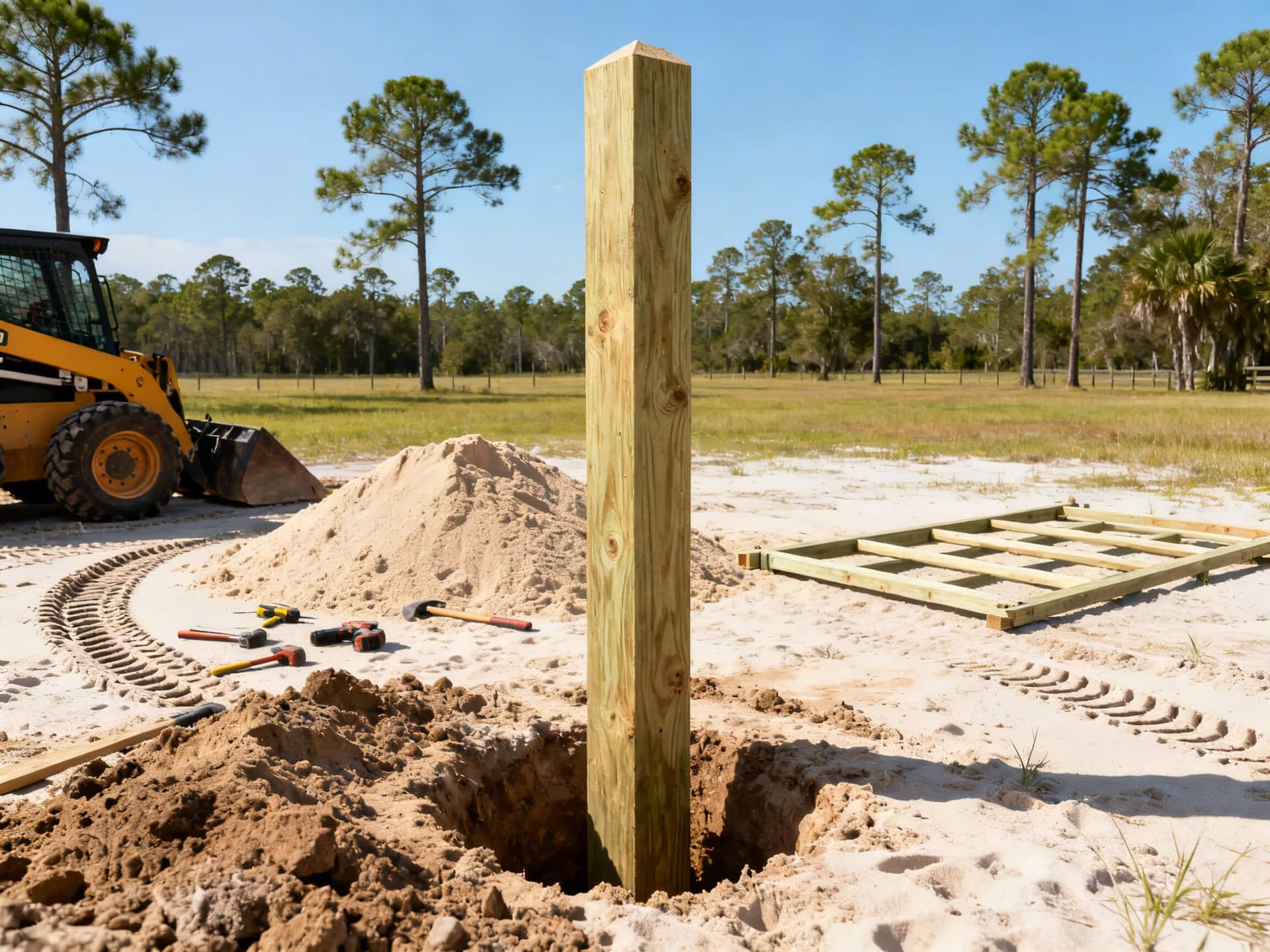Hyper-realistic photo of a heavy-duty wooden corner fence post being installed for a farm gate in sandy soil in Bonifay, Florida, with hand tools, tire marks, and open pasture in the background.