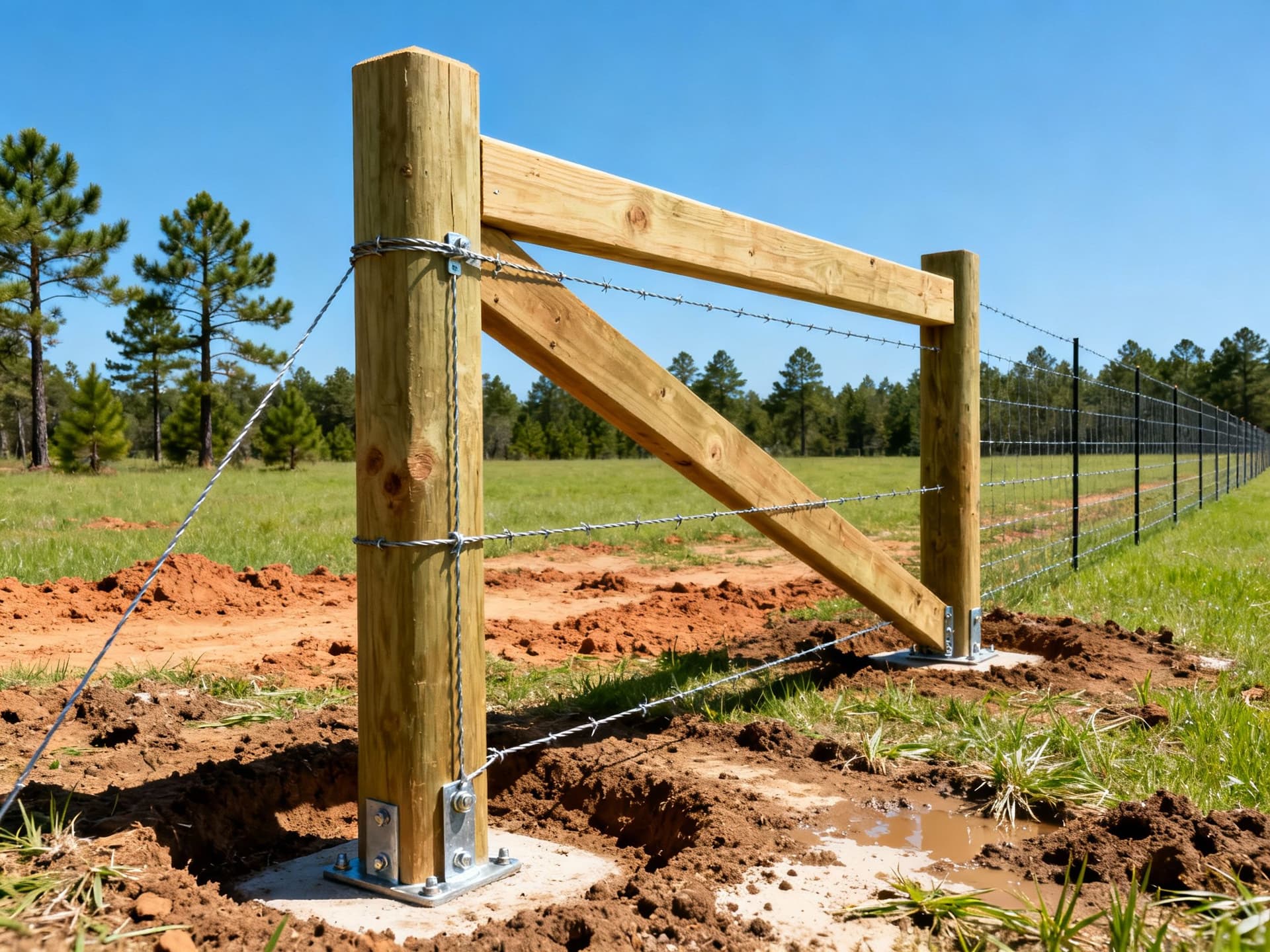 High-tensile livestock fence H-brace corner on a Florida Panhandle ranch