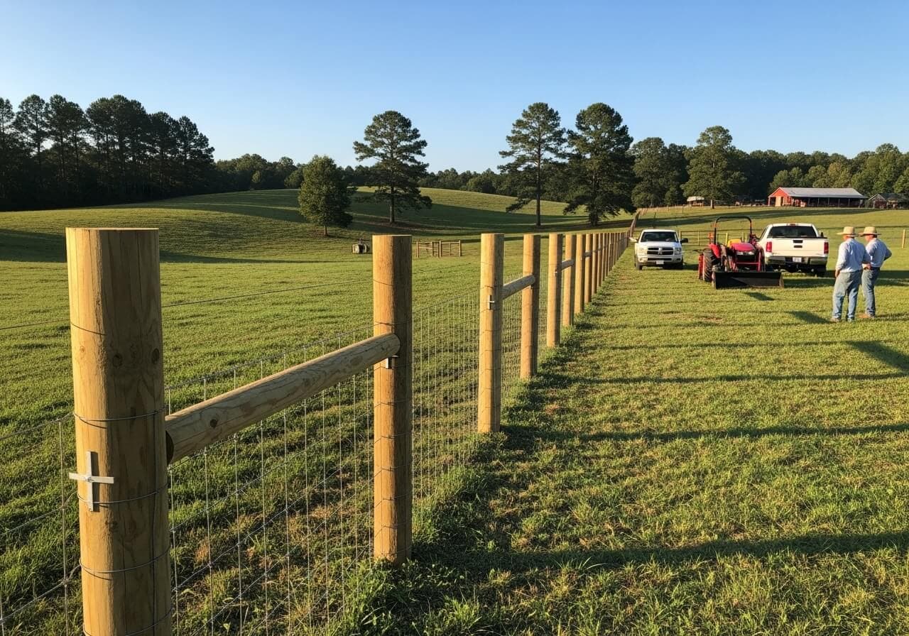 Woven wire sheep and goat fence with wooden posts on a farm field
