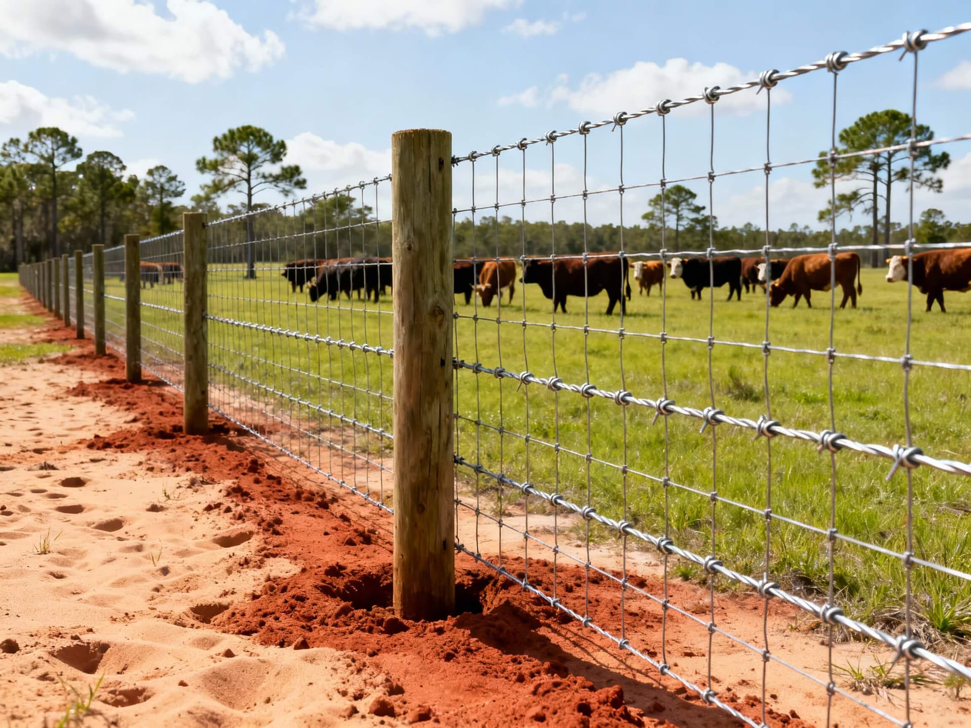 Fixed-knot woven wire fence with cattle on a Florida Panhandle pasture