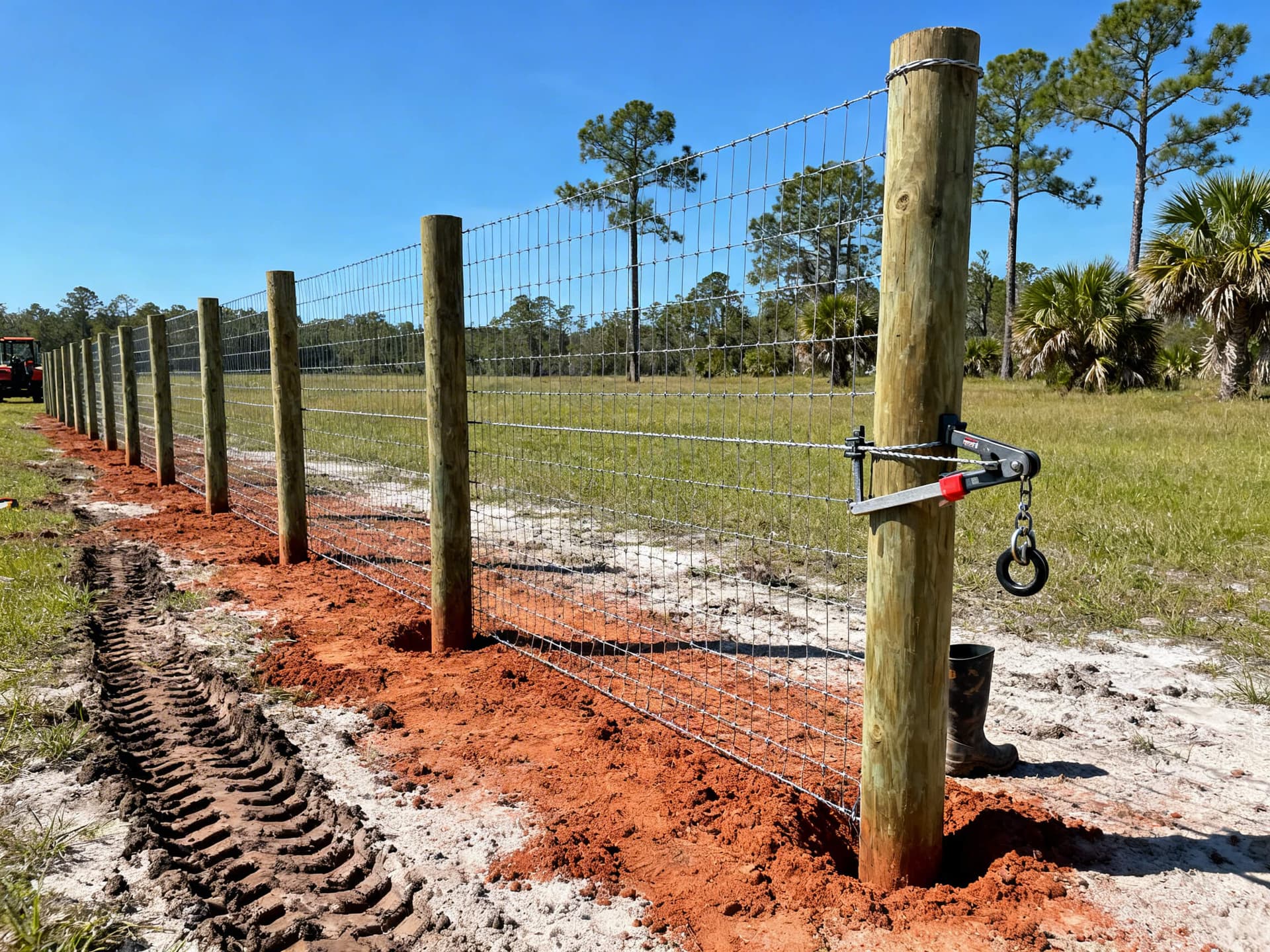 Realistic photo of a newly installed 4x4 woven wire sheep and goat fence in the Florida Panhandle, showing strong wooden posts, tightly stretched field wire mesh, and typical Southeast pastureland with pine trees in the background.